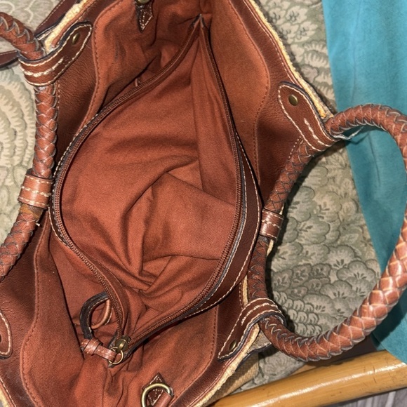 Fossil  straw satchel  Crossbody bag embroidered/beads tan/brown leather trim - Picture 5 of 17